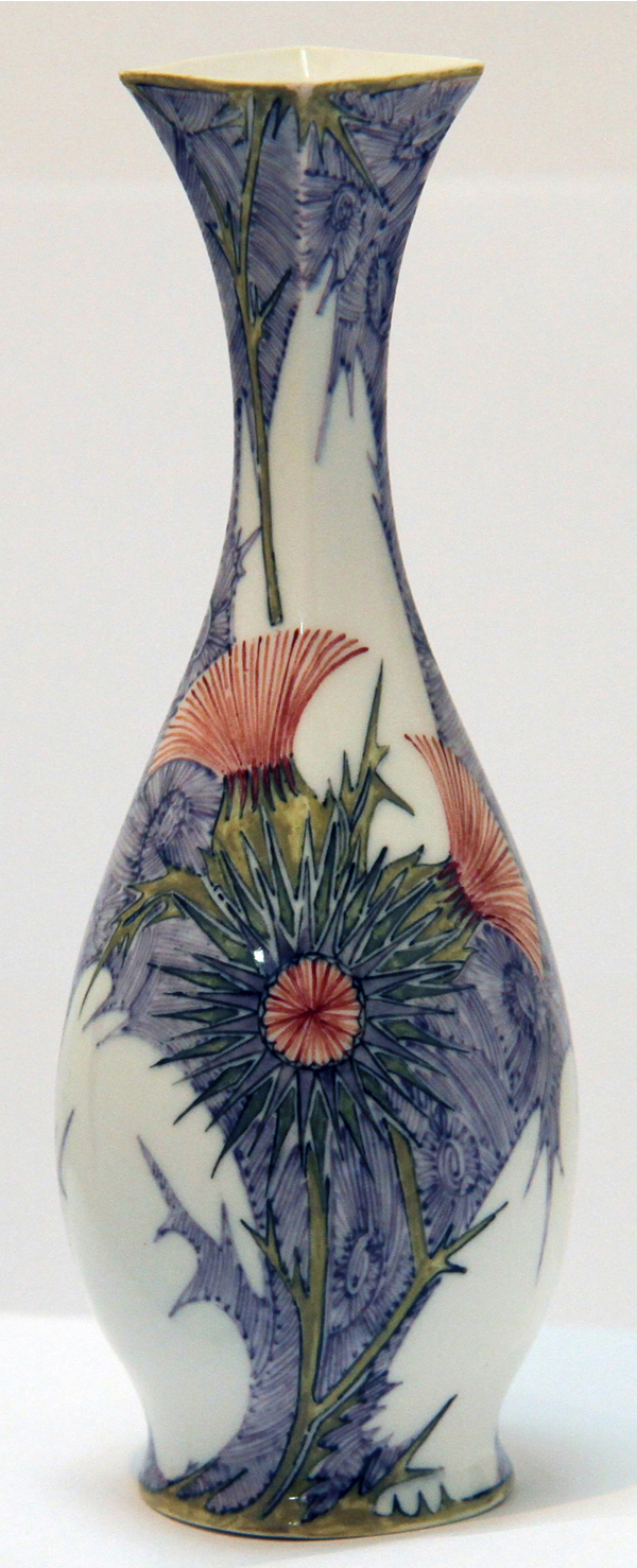 Nr.: 289, Already sold : Eggshell miniature vase made by Rozenburg, Description: Rozenburg Eggshell miniature Vase, Height 12,7 cm, period: Year Dec. 1900, J.M.G. Hakkert, flowering thistles