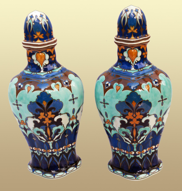 Nr.: 70, Already sold : decorative pottery made by Rozenburg, Description: (juliana) Plateel Cabinet set, Height 38 cm width 16,5 cm, period: Year 1913, Decorator : unknown, 