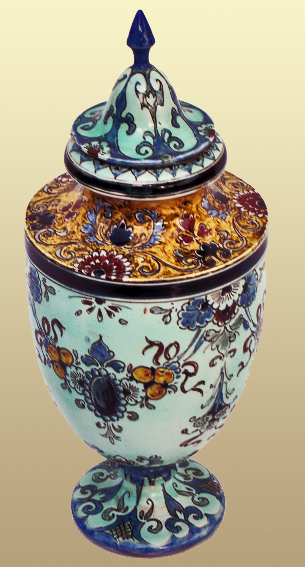 Nr.: 74, Already sold : decorative pottery made by Rozenburg, Description: Plateel Vase, Height 29,7 cm width 12,2 cm, period: Year 1896, Decorator : unknown, 
