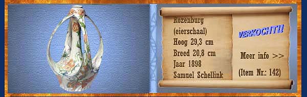 Nr.: 142, Reeds verkocht : sieraardewerk van Rozenburg,  Omschrijving: (eierschaal) Plateel Vaas, Hoog 29,3 cm Breed 20,8 cm, Periode: Jaar 1898, Schilder : Samuel Schellink, 