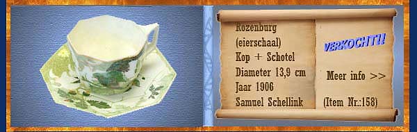 Nr.: 158, Reeds verkocht : sieraardewerk van Rozenburg,  Omschrijving: (eierschaal) Plateel Kop + Schotel , Diameter 13,9 cm , Periode: Jaar 1906, Schilder : Samuel Schellink, 
