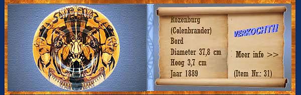 Nr.: 31, Reeds verkocht : sieraardewerk van Rozenburg	, Omschrijving: colenbrander Plateel Bord, Diameter 37,8 cm Hoog 3,7 cm, Periode: Jaar 1889, Schilder : Onbekend, 
