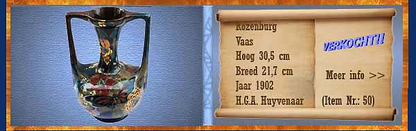Nr.: 50, Reeds verkocht : sieraardewerk van Rozenburg, Omschrijving: Plateel Vaas, Hoog 30,5 cm Breed 21,7 cm, Periode: Jaar 1902, Schilder : H.G.A. Huyvenaar,