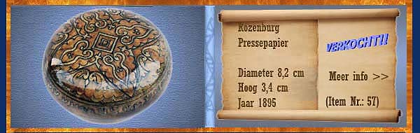 Nr.: 57, Reeds verkocht : sieraardewerk van Rozenburg	, Omschrijving: Plateel Pressepapier, Diameter 8,2 cm Hoog 3,4 cm, Periode: Jaar 1895, Schilder : Onbekend, 