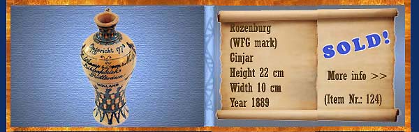  Already sold: Decorative pottery of Rozenburg, Description: (WFG merk) Plateel Jeneverkruik, Height 22 cm Width 10 cm, Period: Year 1889, Decorator : Unknown