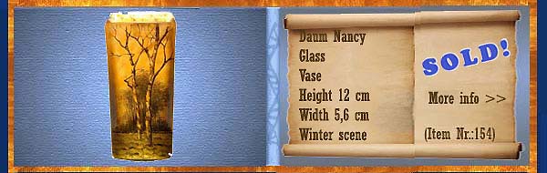 Nr.: 154, Already sold : glass Art of Daum Nancy, description: Glass   vase, height 12 cm width 5,6 cm, period: unknown, Winter landschap