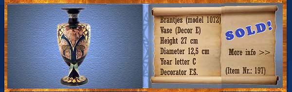 Nr.: 197,  Already sold: Decorative pottery of Brantjes  Plateel Vase, (model 1072) ,  (Decor E), Height 27 cm , Diameter 12,5 cm , Year letter C , Decorator F.S.