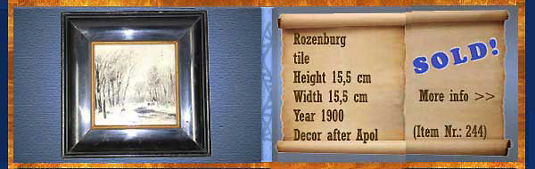 Nr.: 244, On offer decorative pottery of Rozenburg  Plateel Tile, Height 15,5 cm , Width 15,5 cm , Year 1900 , Decorator Naar Apol