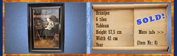 Nr.: 8,  Already sold: Decorative pottery of Brantjes, Description: 6 Tiles Plateel Tableau, Height 57,5 cm Width 42 cm, Period: Unknown, Decorator : Unknown, 