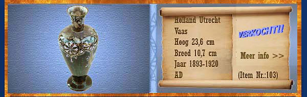 Nr.: 103, Te koop aangeboden sieraardewerk van Holland Utrecht, Omschrijving: Plateel Vaas, Hoog 23,6 cm Breed 10,7 cm, Periode: Jaar 1893-1920, Schilder : AD, 