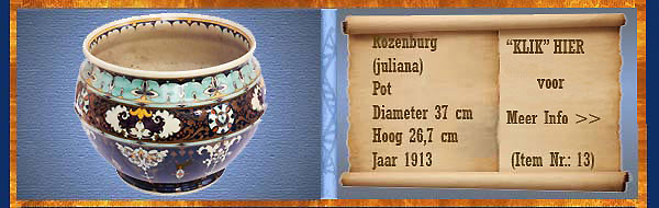 Nr.: 13, Te koop aangeboden sieraardewerk van Rozenburg	, Omschrijving: (juliana) Plateel Pot, Diameter 37 cm Hoog 26,7 cm, Periode: Jaar 1913, Schilder : Onbekend, 