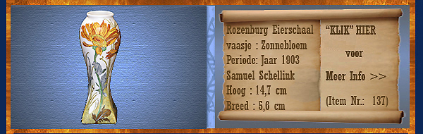 Nr.: 137, Te koop aangeboden sieraardewerk van Rozenburg,  Omschrijving: (eierschaal) vaas  met zonnebloem decoratie
