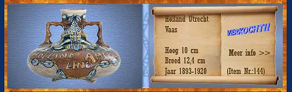 Nr.: 144, Te koop aangeboden sieraardewerk van Holland Utrecht, Omschrijving: Plateel Vaas, Hoog 10 cm Breed 12,4 cm, Periode: Jaar 1893-1920, Schilder : Onbekend , 