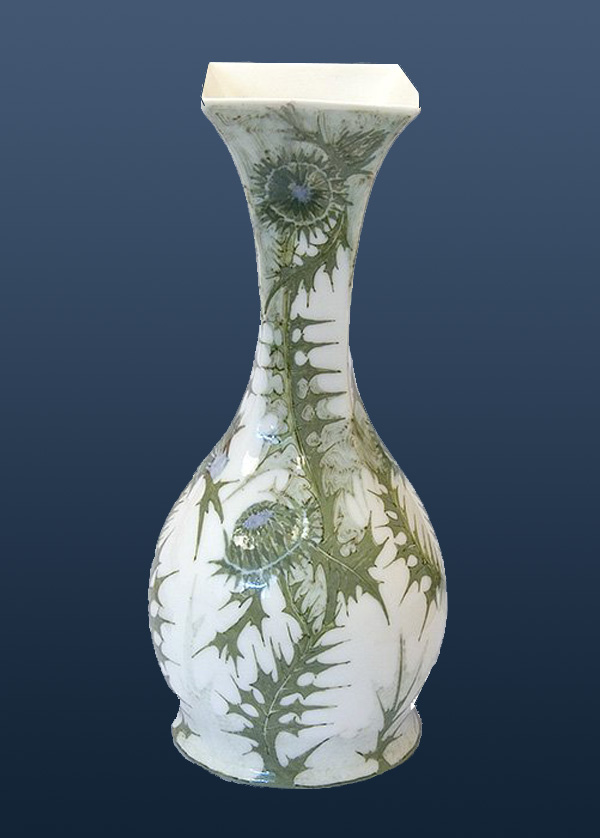 Nr.: 150, Already sold : decorative pottery made by Rozenburg,  Description: (eggshell) Plateel Vase, Height 16 cm width 7 cm, period: Year 1909, Decorator : Samuel Schellink, 