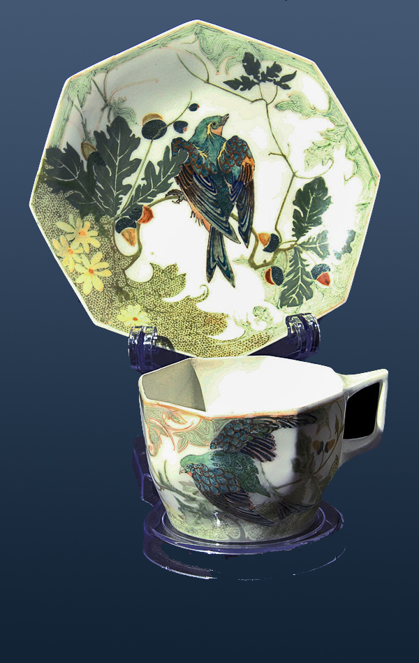 Nr.: 158, Already sold : decorative pottery made by Rozenburg,  Description: (eggshell) Plateel Cup + Saucer , Diameter 13,9 cm , period: Year 1906, Decorator : Samuel Schellink, 