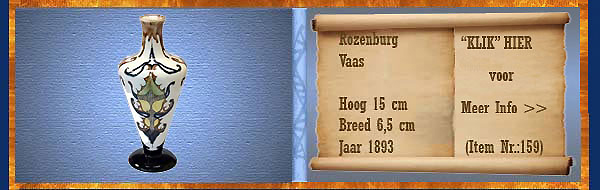 Nr.: 159, Te koop aangeboden sieraardewerk van Rozenburg,  Omschrijving: Plateel Vaas, Hoog 15 cm Breed 6,5 cm, Periode: Jaar 1893, Schilder : Onbekend, 
