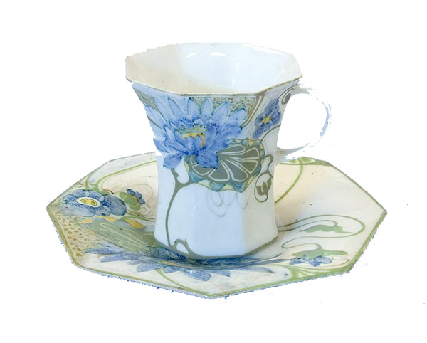 Nr.: 169, Already sold : decorative pottery made by Rozenburg,  Description: (eggshell) Plateel Cup + Saucer , Diameter 10,5 cm , period: Year 1909, Decorator : J.G. van Rossum, 