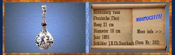Nr.: 202, Te koop aangeboden sieraardewerk van Rozenburg  Plateel vaas, (persische fles) , Hoog 21 cm , Diameter 10 cm , Jaar 1891 , Schilder J.H.Ch.Suurbach