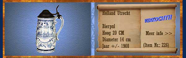 Nr.: 226, Te koop aangeboden sieraardewerk van Holland Utrecht  Plateel Bierpul, Hoog 20 cm , Diameter 14 cm , Jaar +/- 1900