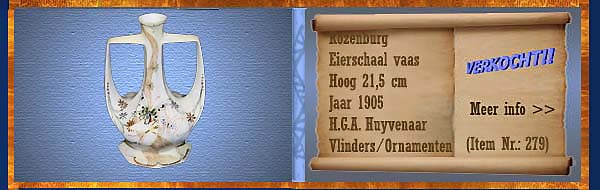 Nr.: 279, Te koop aangeboden sieraardewerk van Rozenburg,  Omschrijving: (eierschaal) 2 armige Plateel Vaas 
