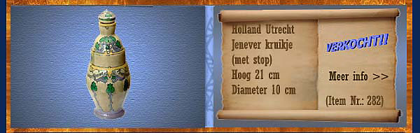 Nr.: 282, Te koop aangeboden sieraardewerk van Holland Utrecht, Omschrijving: Genever kruik, Hoog 21 cm Breed 10 cm, 