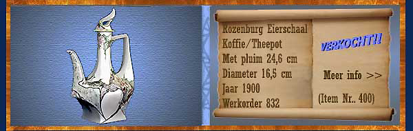 Nr.: 400, Te koop aangeboden sieraardewerk van Rozenburg,  Omschrijving: (eierschaal) koffie/thee pot 