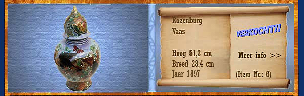 Nr.: 6, Te koop aangeboden sieraardewerk van Rozenburg, Omschrijving: Plateel Vaas, Hoog 51,2 cm Breed 28,4 cm, Periode: Jaar 1893, Schilder : Onbekend,