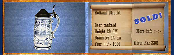 Nr.: 226, On offer decorative pottery of Holland Utrecht  Plateel Bierpul, Height 20 cm , Diameter 14 cm , Year +/- 1900