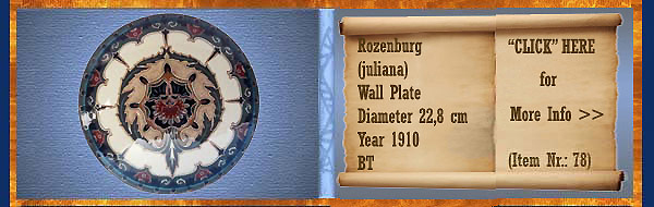 Nr.: 78, On offer decorative pottery of Rozenburg, Description: (juliana) Plateel Plate, Diameter 22,8 cm , Period: Year 1910, Decorator : BT, 
