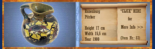 Nr.: 83, On offer decorative pottery of Rozenburg	, Description: Plateel Schenkkan, Height 17 cm Width 15,5 cm, Period: Year 1900, Decorator : Unknown, 
