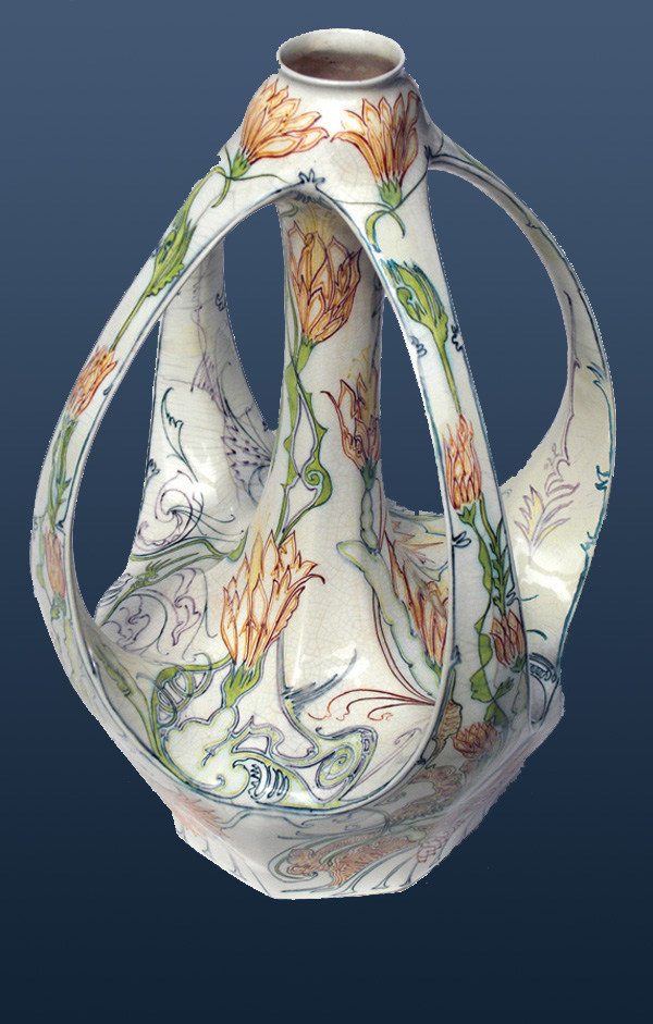 Nr.: 142, Already sold : decorative pottery made by Rozenburg,  Description: (eggshell) Plateel Vase, Height 29,3 cm width 20,8 cm, period: Year 1898, Decorator : Samuel Schellink, 