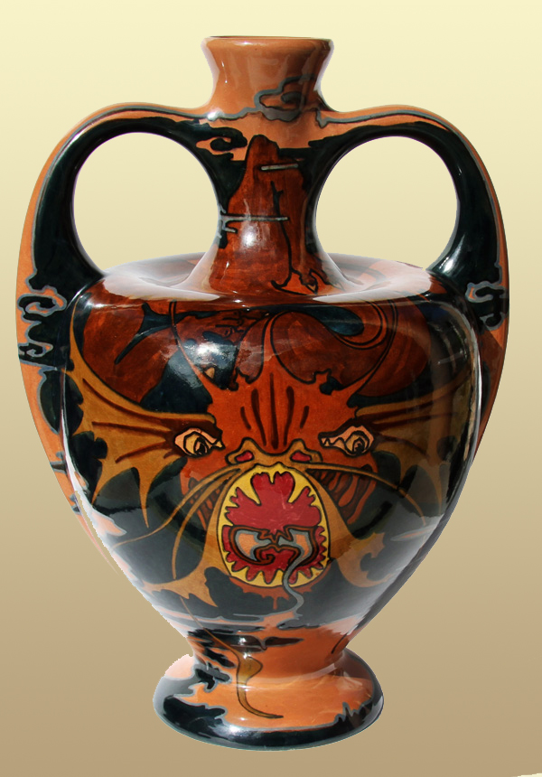 Nr.: 16, Already sold : decorative pottery made by Rozenburg, Description: Plateel Vase, Height 39 cm width 28 cm, period: Year 1898, Decorator : W.F. Haas, 