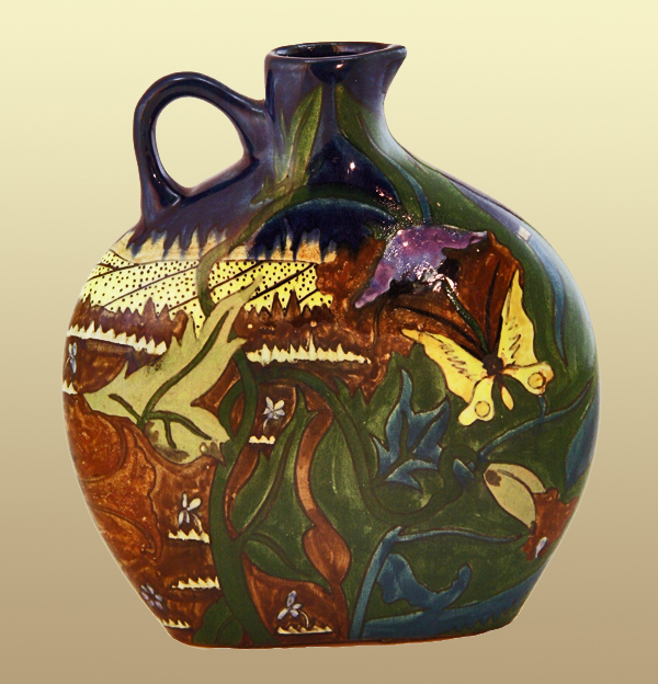 Nr.: 177, Already sold : decorative pottery made by Brantjes  Plateel flat flask, Height 17.3 cm , width 16 cm