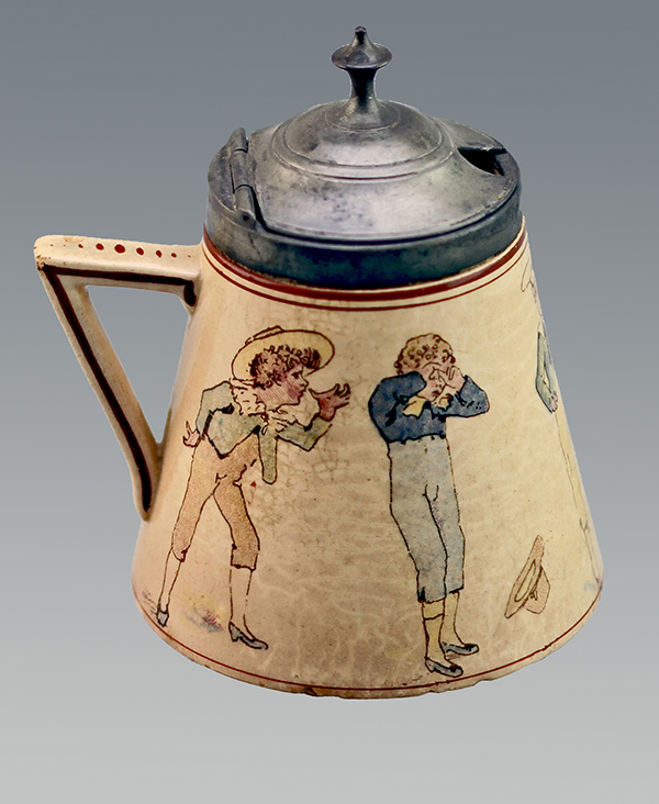 Nr.: 203, On offer decorative pottery French Sarreguemines  Plateel beaker, + pewter lid , Height 10 cm , Diameter 7,5 cm