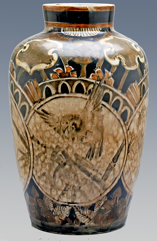 Nr.: 23, On offer decorative pottery made by Rozenburg, Description: Plateel Vase, Height 24,5 cm width 15,4 cm, period: Year 1894, Decorator : unknown, 