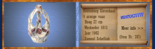Nr.: 287, Te koop aangeboden sieraardewerk van Rozenburg,  Omschrijving: (eierschaal) 4 armige vaas