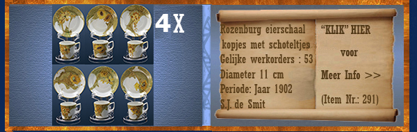 Nr.: 291, Te koop aangeboden sieraardewerk van Rozenburg,  Omschrijving: (eierschaal) 6 kop en schotels 