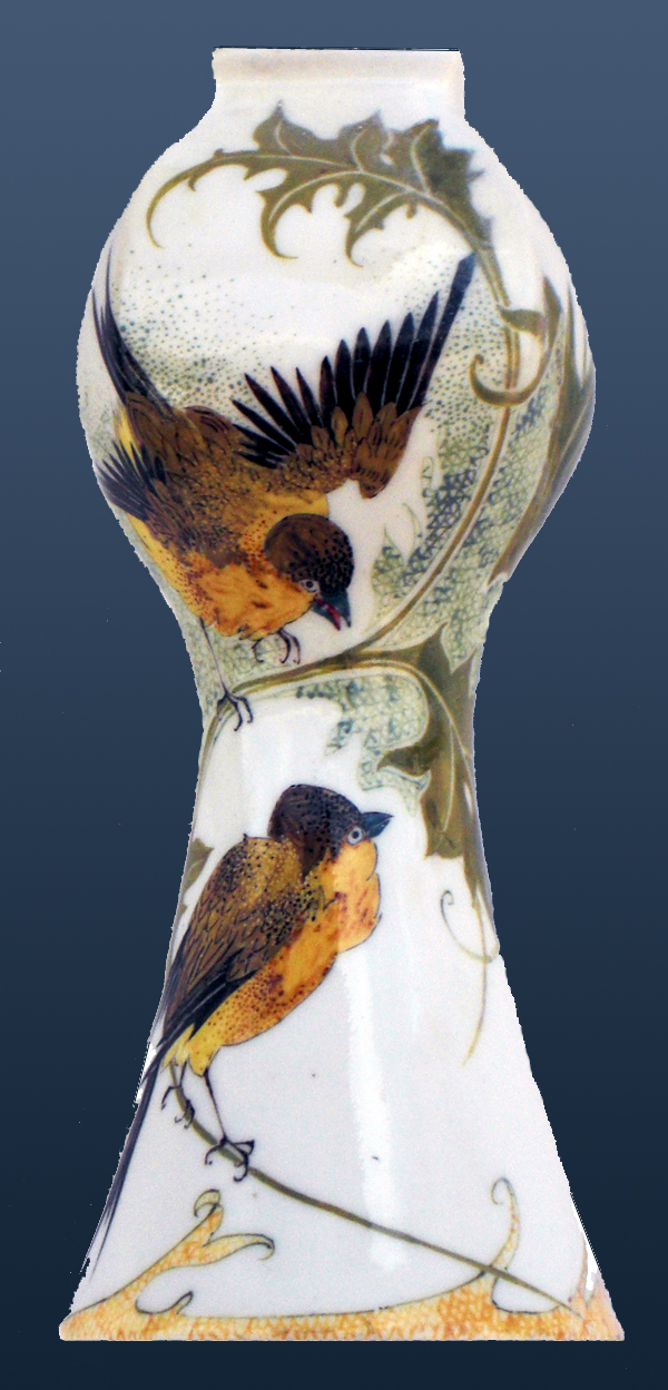 Nr.: 30, Already sold : decorative pottery made by Rozenburg, Description: (eggshell) Plateel Vase, Height 11,4 cm width 5 cm, period: Year 1906, Decorator : H.G.A. Huyvenaar, 