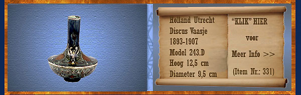 Nr.: 331, Te koop aangeboden sieraardewerk van Holland Utrecht, Omschrijving: Plateel Discus Vaasje