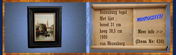 Nr.: 438, Te koop aangeboden sieraardewerk van Rozenburg, Omschrijving: Ingelijste Tegel, Met lijst : Hoog 38,5 cm Breed 31 cm, Periode: Jaar 1909, Schilder : C.Ch. van Wezenberg, 