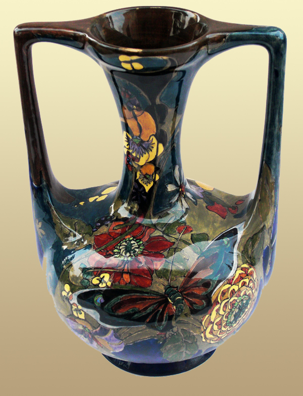 Nr.: 50, Already sold : decorative pottery made by Rozenburg, Description: Plateel Vase, Height 30,5 cm width 21,7 cm, period: Year 1902, Decorator : H.G.A. Huyvenaar, 