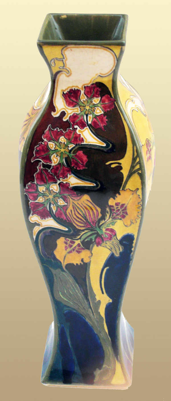 Nr.: 52, Already sold : decorative pottery made by Rozenburg, Description: Plateel Vase, Height 32,6 cm width 11,5 cm, period: Year 1901, Decorator : Samuel Schellink, 