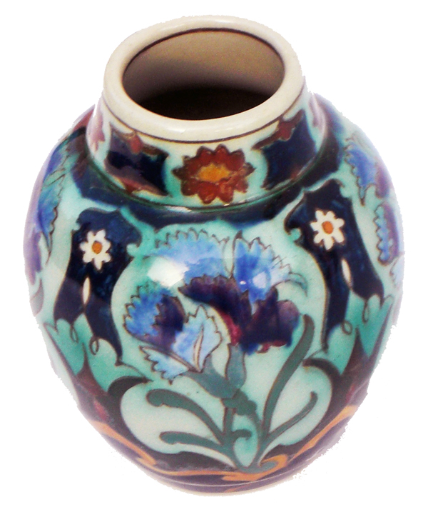 Nr.: 69, Already sold : decorative pottery made by Rozenburg, Description: (juliana) Plateel Jar, Diameter 7 cm Height 8,5 cm, period: Year 1913, Decorator : Samuel Schellink, 
