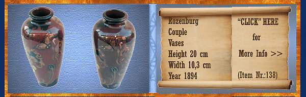 Nr.: 138, On offer decorative pottery of Rozenburg,  Description: stel Plateel Vase, Height 20 cm Width 10,3 cm, Period: Year 1894, Decorator : Unknown , 