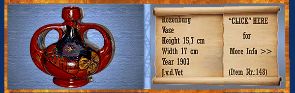 Nr.: 148, On offer decorative pottery of Rozenburg,  Description: Plateel Vase, Height 15,7 cm Width 17 cm, Period: Year 1903, Decorator : J.v.d.Vet, 