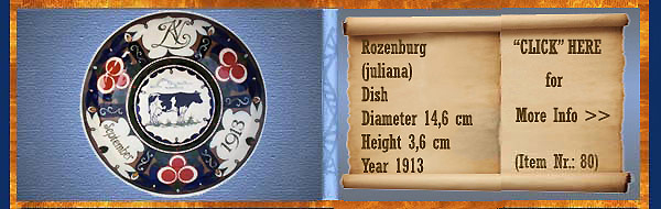 Nr.: 80, On offer decorative pottery of Rozenburg	, Description: (juliana) Plateel Schaaltje , Diameter 14,6 cm Height 3,6 cm, Period: Year 1913, Decorator : Unknown , 
